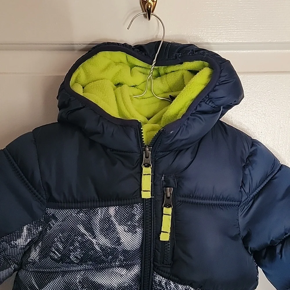 Snozu Boys hooded winter coat, size 3T, navy blue and neon green.